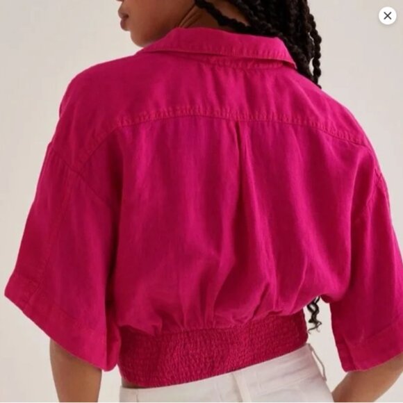 Anthropologie Tie-Front Printed Linen Top Fuchsia Hot Pink Size Small - Picture 2 of 9